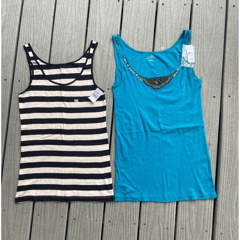LOFT Womens Large Tank Tops Lot of 2 Blue Beaded Black White Stripe NWT